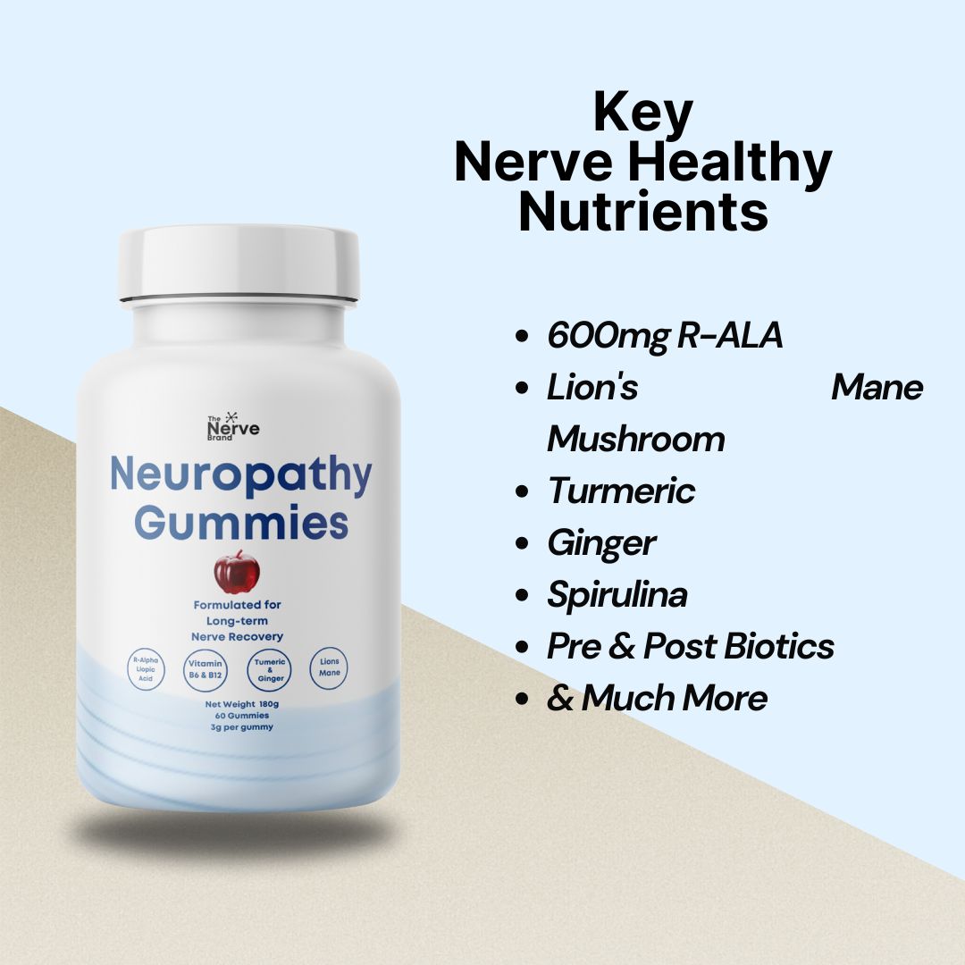 A bottle of Nerve Power capsules for neuropathy relief with several capsules beside it.